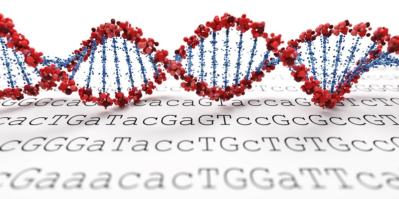 Stylised DNA helix sitting on top of genetic code written out in base format