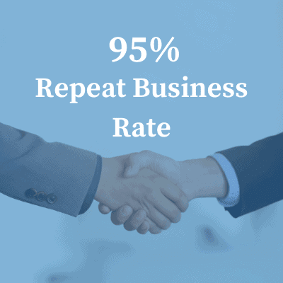 Image of a handshake with text that reads: 95 repeat business rate