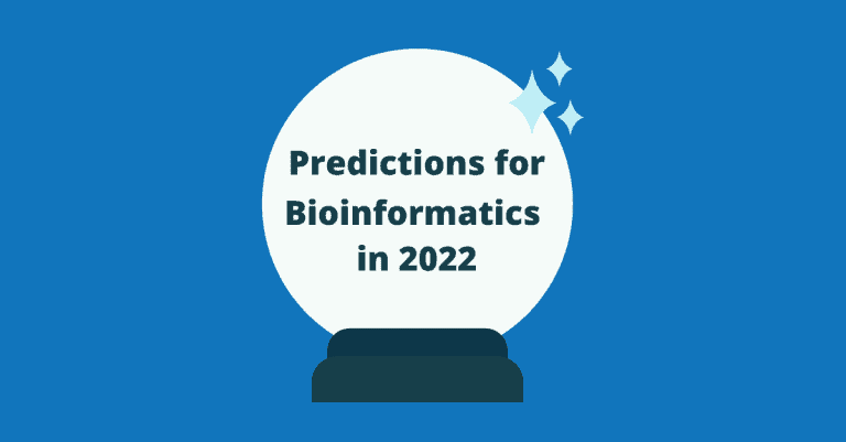 Text inside a crystal ball which reads 'Predictions for Bioinformatics in 2022'