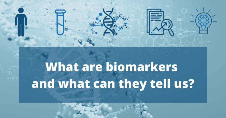 Image from a Fios Genomics Biomarker data analysis blog, with text that reads 'What are biomarkers and what can they tell us?'
