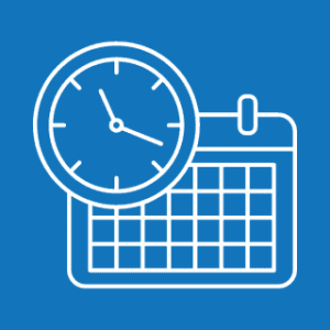 Illustration of a clock and a calendar on a blue background, image intended to represent the time comittment involved in clinical trials