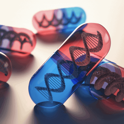blue and red pill capsules with DNA inside them to represent cell and gene therapy