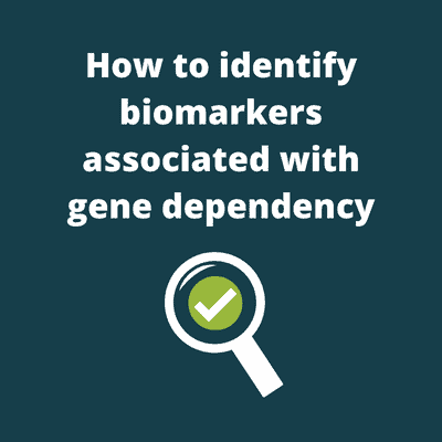 White text that reads 'How to identify biomarkers associated with gene dependency' on a green background. From Fios Genomics biomarker identification blog.