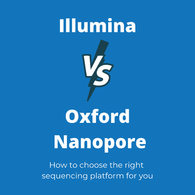 White text which reads 'Illumina Vs Oxford Nanopore - how to choose the right sequencing platform for you' on a blue background on a blu