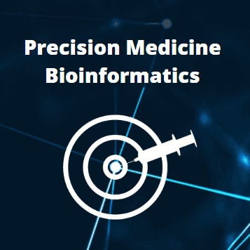White text reads "Precision Medicine Bioinformatics" with a syringe striking a bullseye on a dark blue background