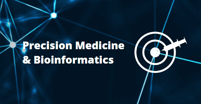 White text reads "Precision Medicine Bioinformatics" with a syringe striking a bullsey on a dark blue background