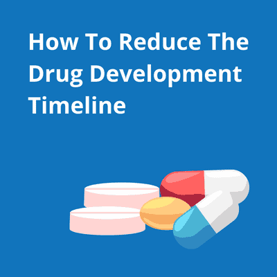 Text reads "how to reduce the drug development timeline" next to an illustration of some pills.