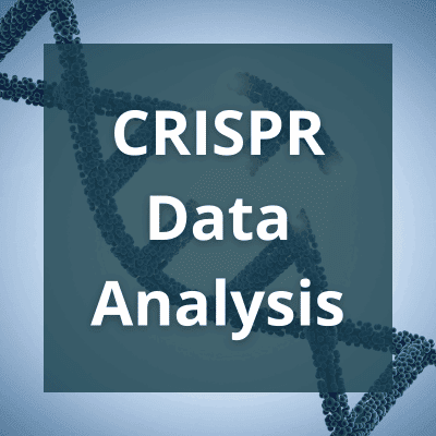 Background image is DNA with a section removed and the text overlay reads 'CRISPR Data Analysis'