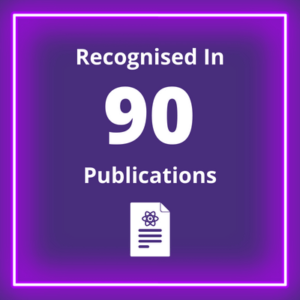 White text on a purple background reads "Recognised in 90 Publications"