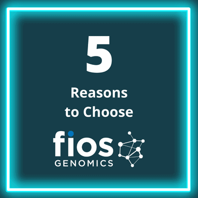 White text on a dark green background reads "5 Reasons to Choose Fios Genomics"