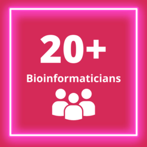 White text on a pink background reads "20+ Bioinformaticians"