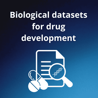 Text reads "Biological datasets for drug development" with an image of a document, magnifying glass and pills