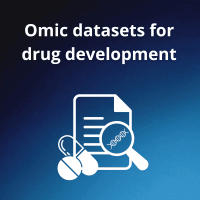 Text reads "Omic datasets for drug development" with an image of a document, magnifying glass and pills
