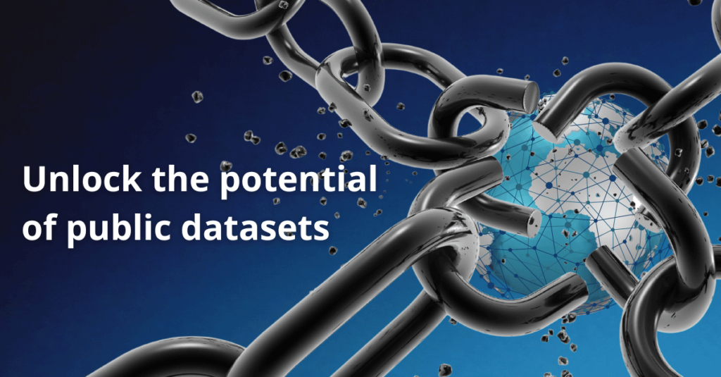 Image shows a global network, with chains surrounding it which have been broken apart and the text on the image reads "unlock the potential of public datasets" which refers to the omic datasets the blog is about.