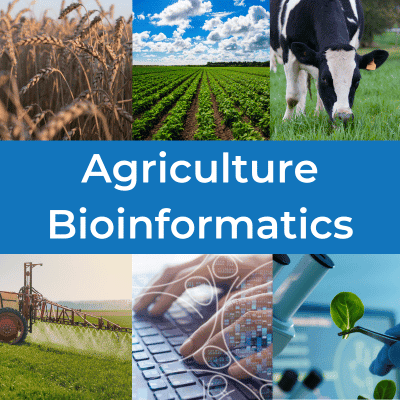 Image shows a collage of agricultural images and bioinformatics images and the text reads 