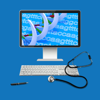 Image shows a computer screen displaying DNA. Next to the computer screen is a stethoscope and a pen. This image is from the 'Bioinformatics in Healthcare' blog from Fios Genomics.