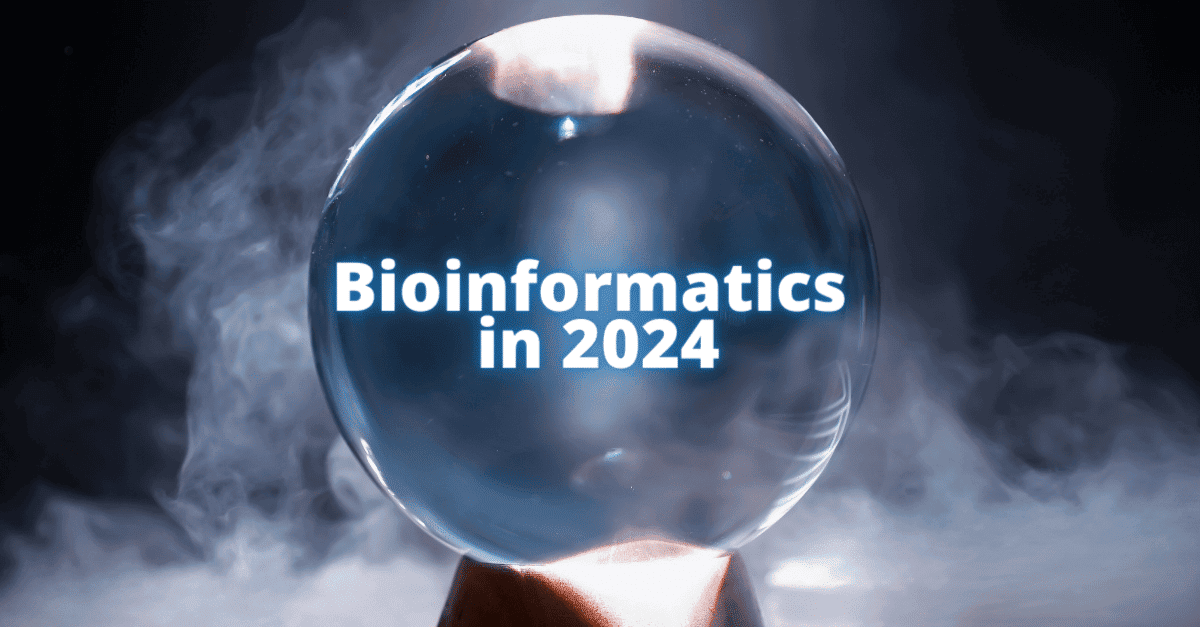 Picture of a crystal ball with text that reads "Bioinformatics in 2024 " inside it.