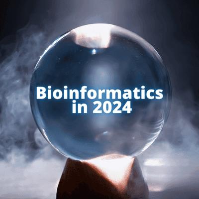 Image shows a crystal ball with the words "Bioinformatics in 2024" inside it. The background is dark.