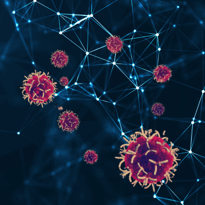Image shows a network of connections with cancer cells overlaid on top.