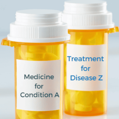 Image shows to identical pill bottles, with identicle pills but different labels to illustrate drug repositioning.