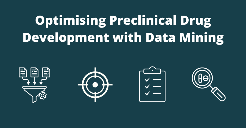 Image shows white text on a dark green background. The text reads "Optimising Drug Development with Data Mining". There are also images of data, a funnel, a target, a clip board and pills to illustrate moving through the phases from data mining to having a drug ready for clinical testing.