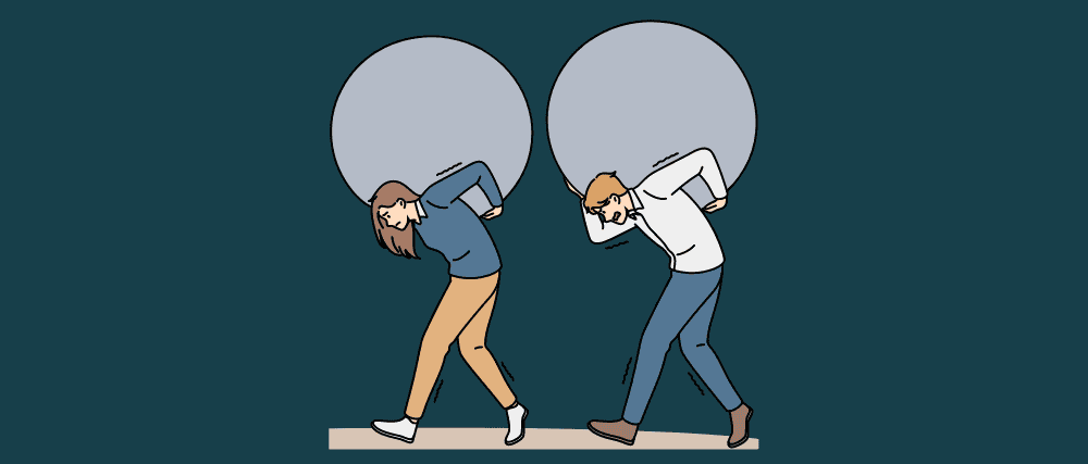 This images shows people struggling to carry heavy stone balls on their backs to represent the challenges of analysing microRNA sequencing data