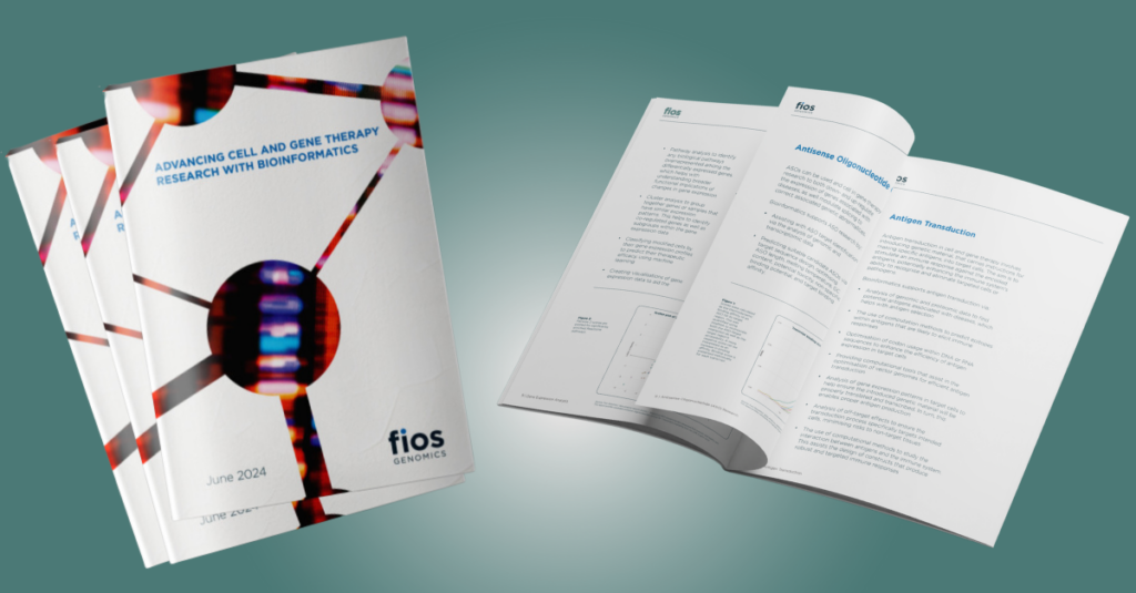 Image shows a stack of booklets on the left with the title "Advancing Cell and Gene Therapy Research with Bioinformatics" and on the right of the image an open version of the booklet is shown.