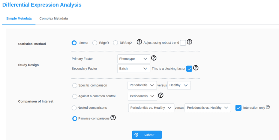 Figure 3: Screenshot of the ExpressAnalyst differential expression analysis (DEA) workflow:ExpressAnalyst provides the user with the most flexibility in the choice of tools and models for DEA. Theplatform includes the option to use Limma, EdgeR or DESeq2. It also allows the user to provide covariatesto the model ("Secondary Factor") and perform a range of different contrasts.