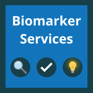 Image displays white text on a blue background that reads "Biomarker Services". Beneath the text is an icon of a magnifying glass, a validation tick and a lightbulb.