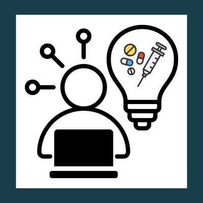 Image shows a person at a computer and a lightbulb next to them with pills and a syringe inside it. The computer symbolises bioinformatics while the lightbulb and its content symbolise drug discovery and development.
