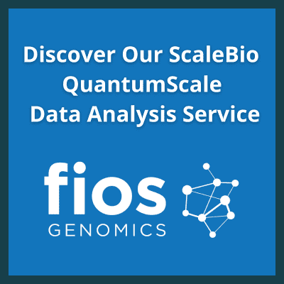 Image is white text that reads "Discover our SclaeBio QuantumScale Data Analysis Service" on a blue background. Below the test is the Fios Genomics logo.