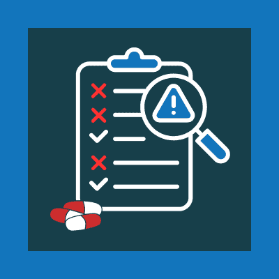 Image shows a report with a list of ticks and crosses. A magnifying glass is over part of the report, showing an attention/warning sign that has been magnified. There are pills next to the report. This is all to symbolise carrying out due dilligence research on drug targets.